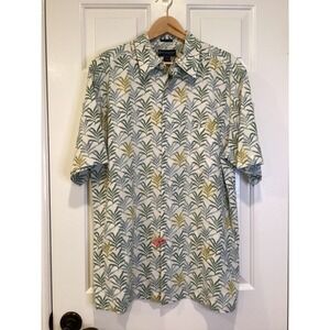 Men's Silk Tropical Leaf Short Sleeve Button Up Green Ivory Blue - Size L